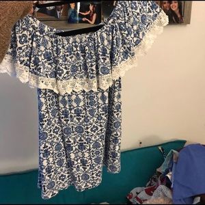 blue and white off the shoulder top